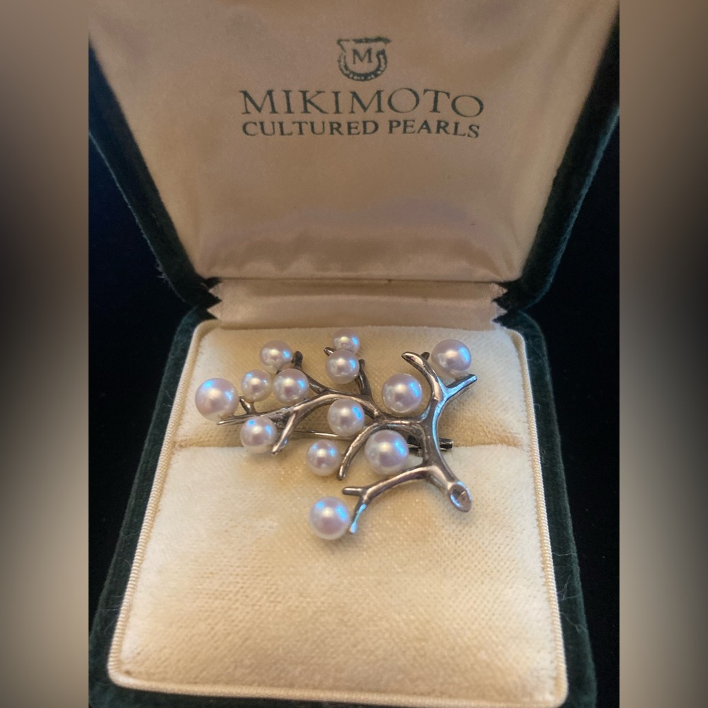 Mikimoto silver tree of life pin, signed with box, excellent condition.